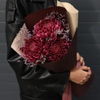 Букет 381 из хризантем бигуди и лимониума